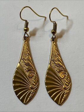 Gold Art Nouveau Brass Embossed Teardrop Dangle Earrings